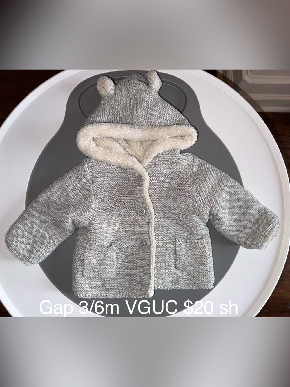 GAP Gray Knit Hooded Baby Jacket with Sherpa Trim